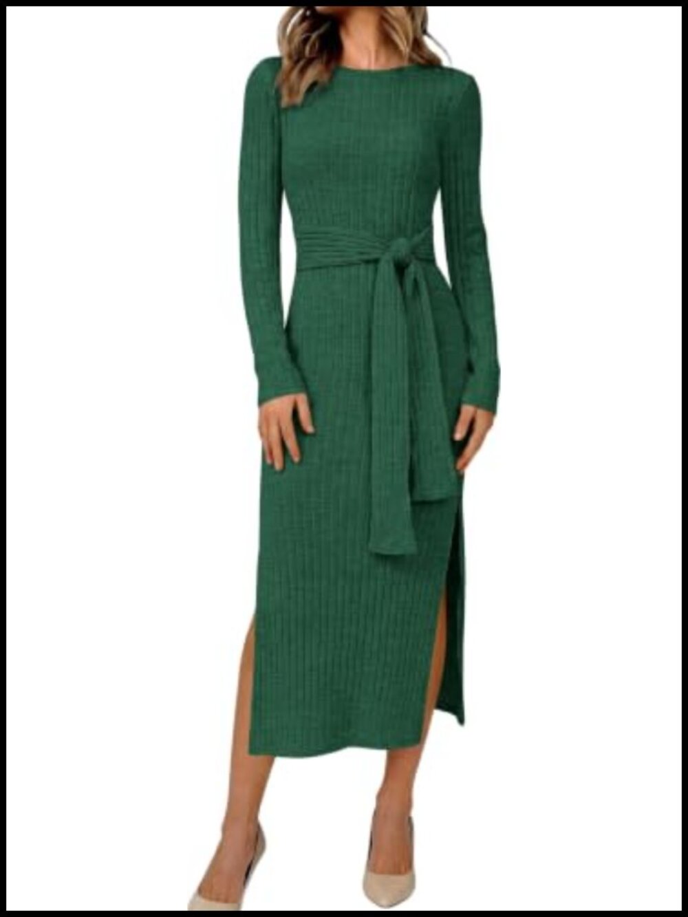Ribbed Knit Long Sleeve Midi Sweater Dress Bodycon Slim Fit Side Slit